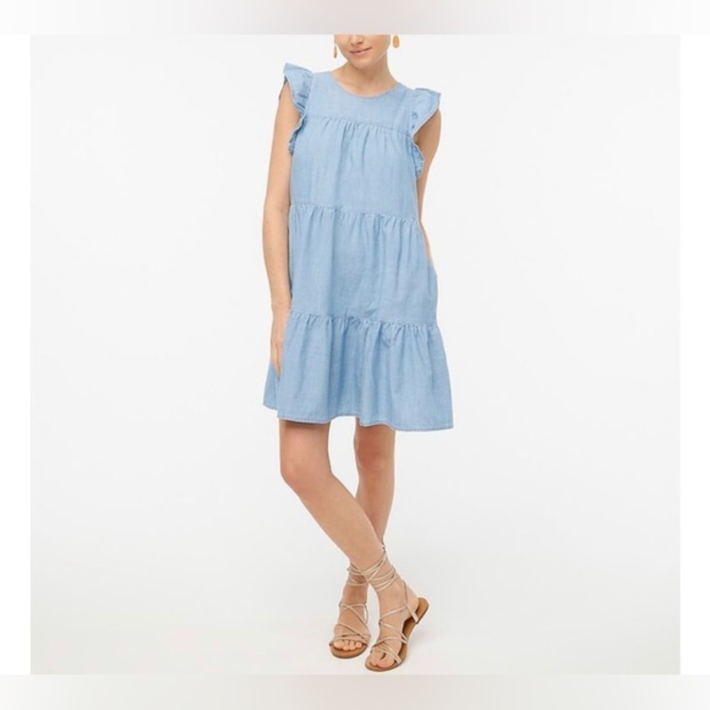 J. Crew‎ Denim Chambray Ruffled Sleeveless Dress Blue 0P